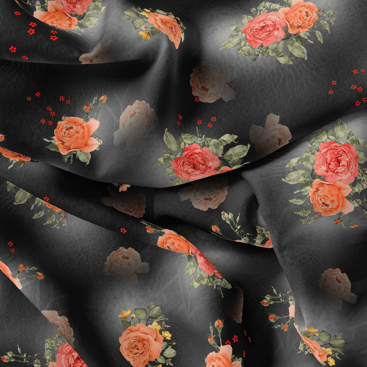 Most Trending Oranges With Red Rose Digital Printed Fabric - Poly Muslin - FAB VOGUE Studio®