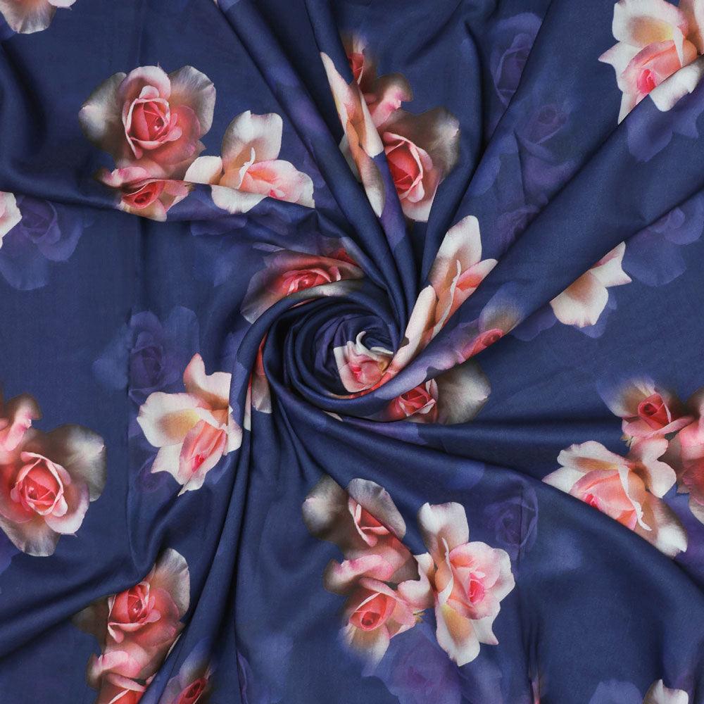 Valvet Blue Background With Creamy Roses Digital Printed Fabric - Poly Muslin - FAB VOGUE Studio®
