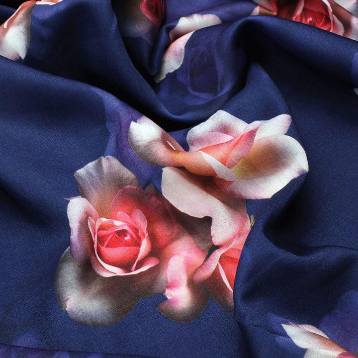 Valvet Blue Background With Creamy Roses Digital Printed Fabric - Poly Muslin - FAB VOGUE Studio®