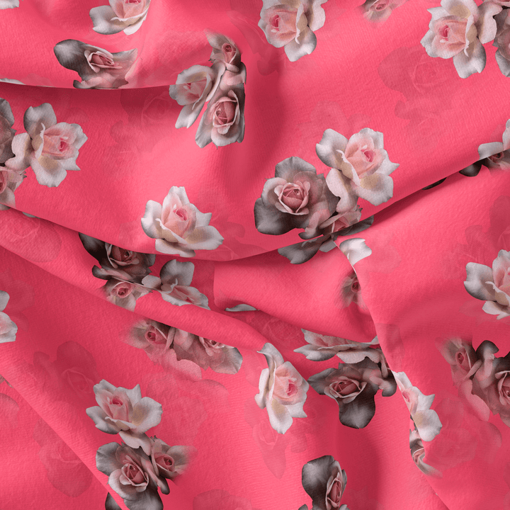 Pinkish Background With Valvet Roses Digital Printed Fabric - Poly Muslin - FAB VOGUE Studio®