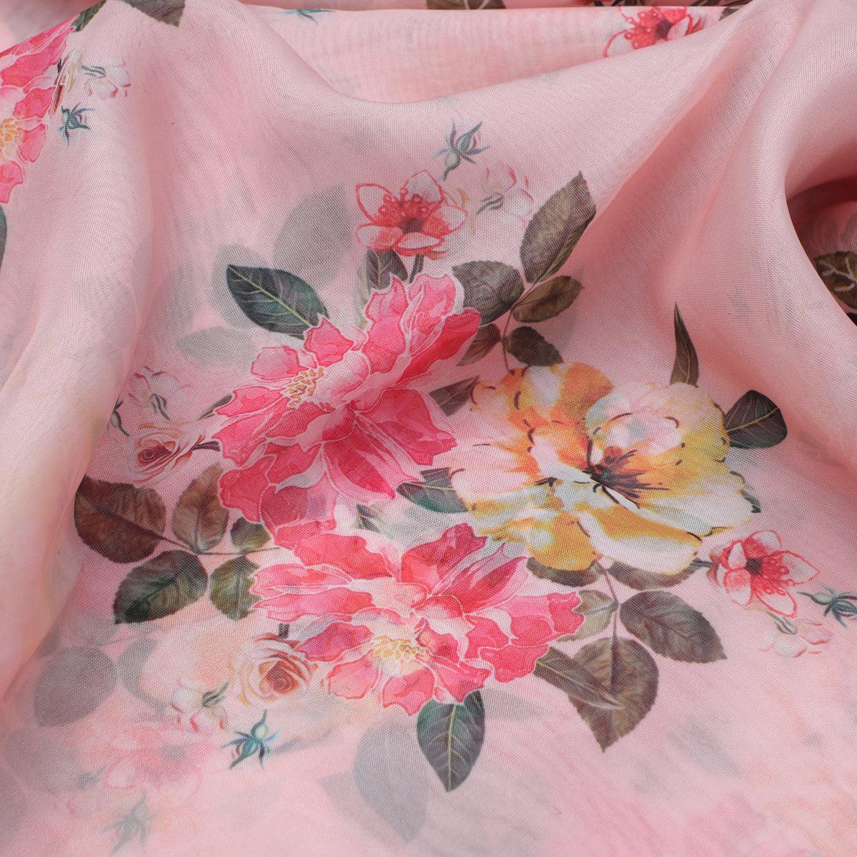 Colorful Floral Peach-Base Digital Printed Fabric - Organza - FAB VOGUE Studio®