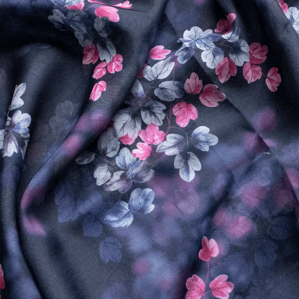 Pink And Gray Leaves With Blue Background Digital Printed Fabric - Organza – or 0 ta09484p8 110 pink and gray leaves with blue background digital printed fabric organza 1