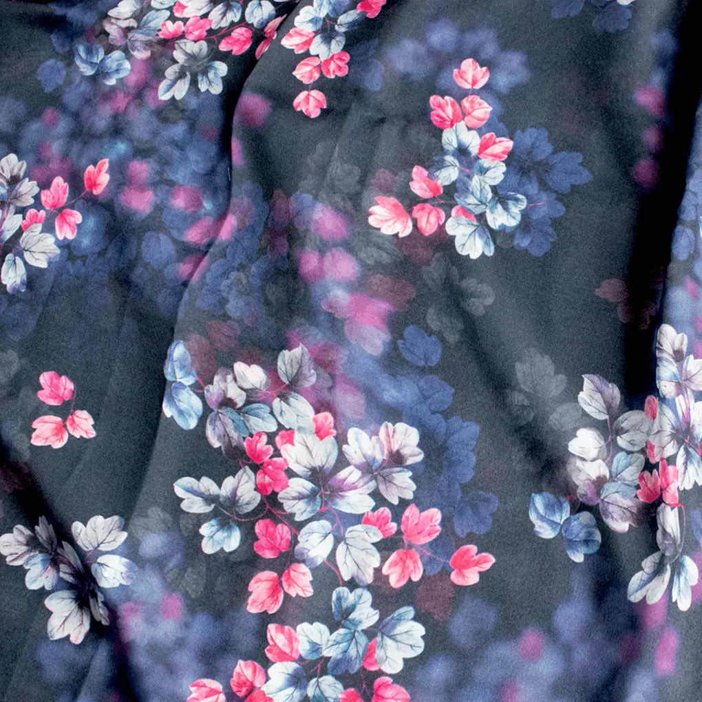 Pink And Gray Leaves With Blue Background Digital Printed Fabric - Organza – or 0 ta09484p8 110 pink and gray leaves with blue background digital printed fabric organza 3