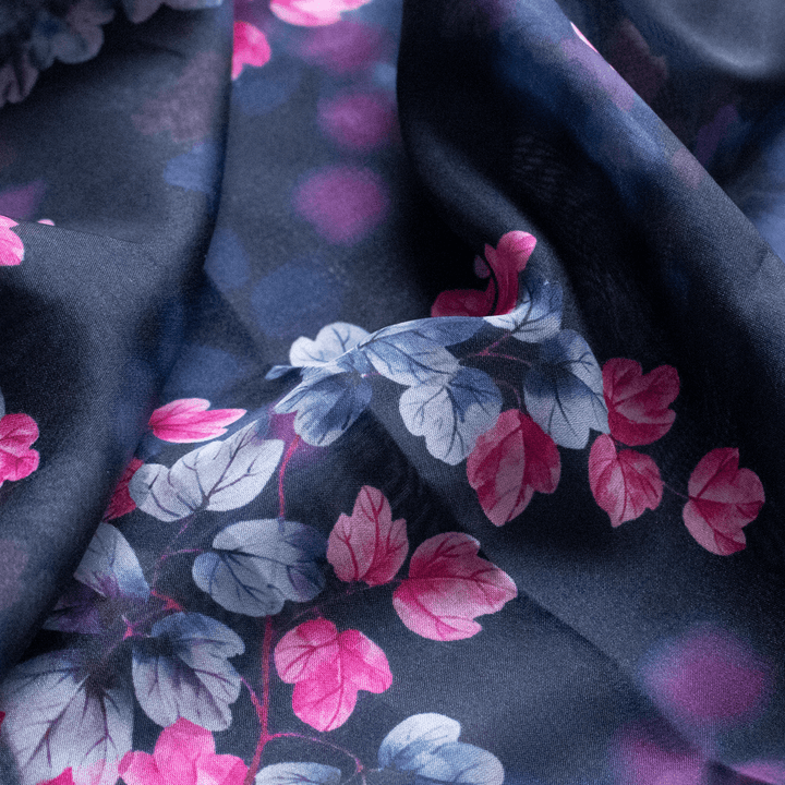 Pink And Gray Leaves With Blue Background Digital Printed Fabric - Organza - FAB VOGUE Studio®