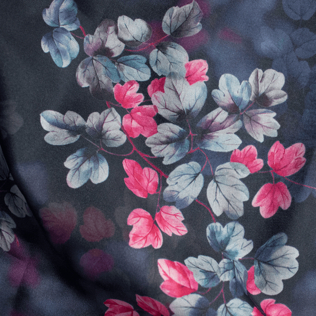 Pink And Gray Leaves With Blue Background Digital Printed Fabric - Organza - FAB VOGUE Studio®