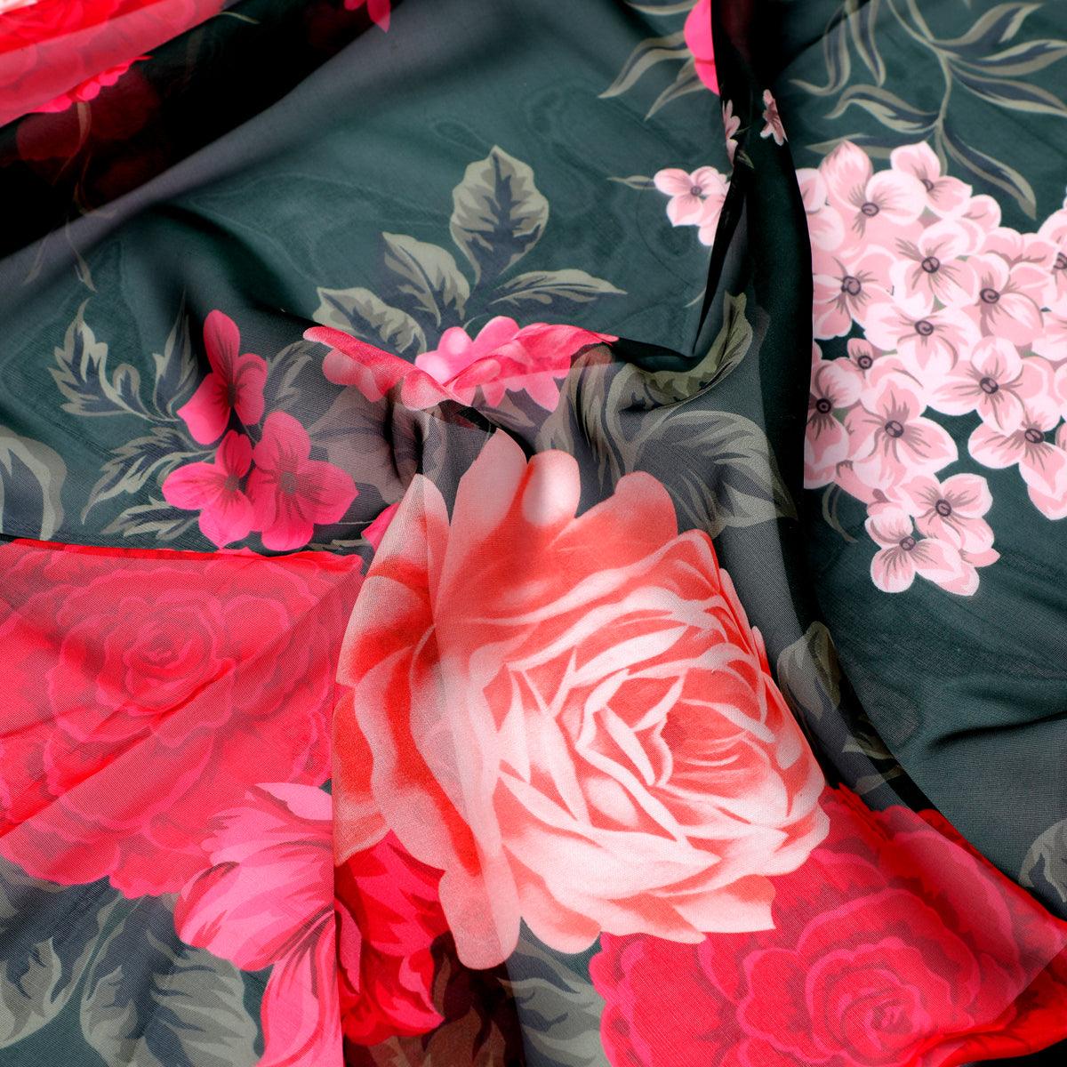 Beautiful Flower Pattern With Buds Digital Printed Fabric - Organza - FAB VOGUE Studio®