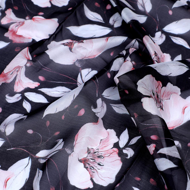 Beautiful Baby Pink Roses With Gray Leaves Digital Printed Fabric - Organza - FAB VOGUE Studio®