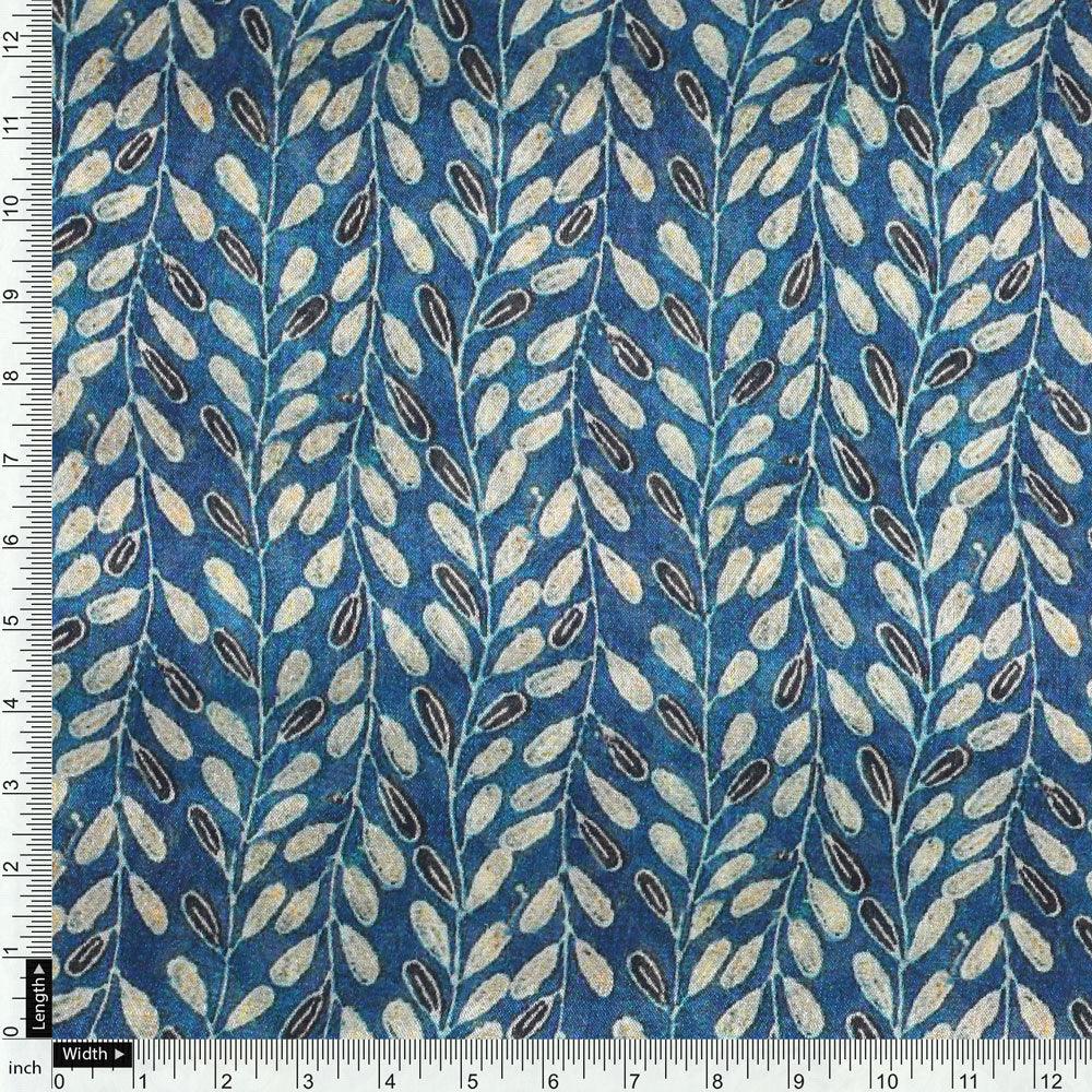 Beautiful Valley Of Leaves With Blue Digital Printed Fabric - Pure Chinon - FAB VOGUE Studio®