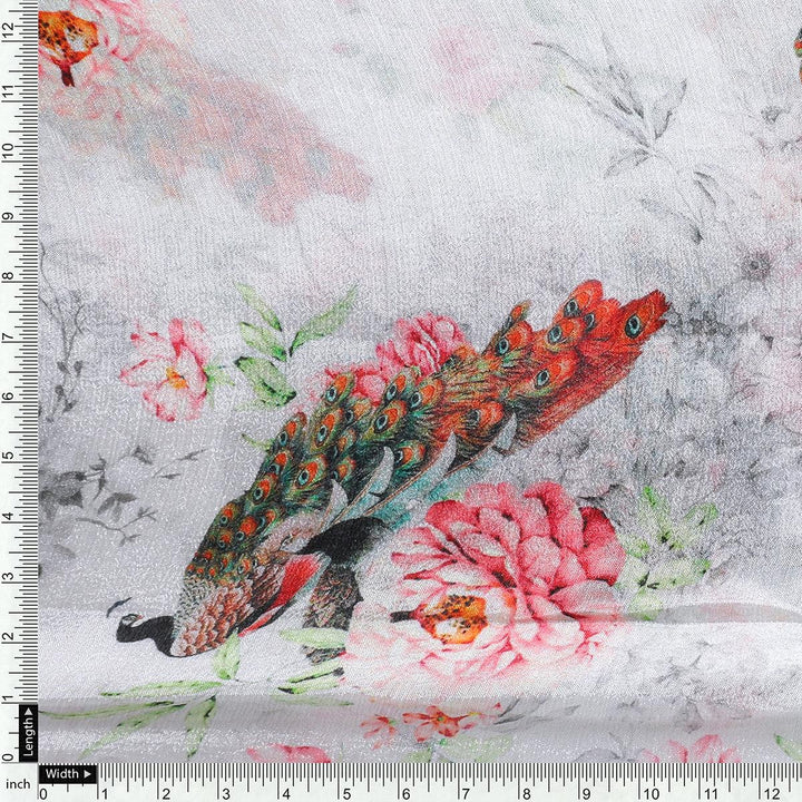 Peacock & Floral Digital Printed Fabric - Pure Chinon - FAB VOGUE Studio®