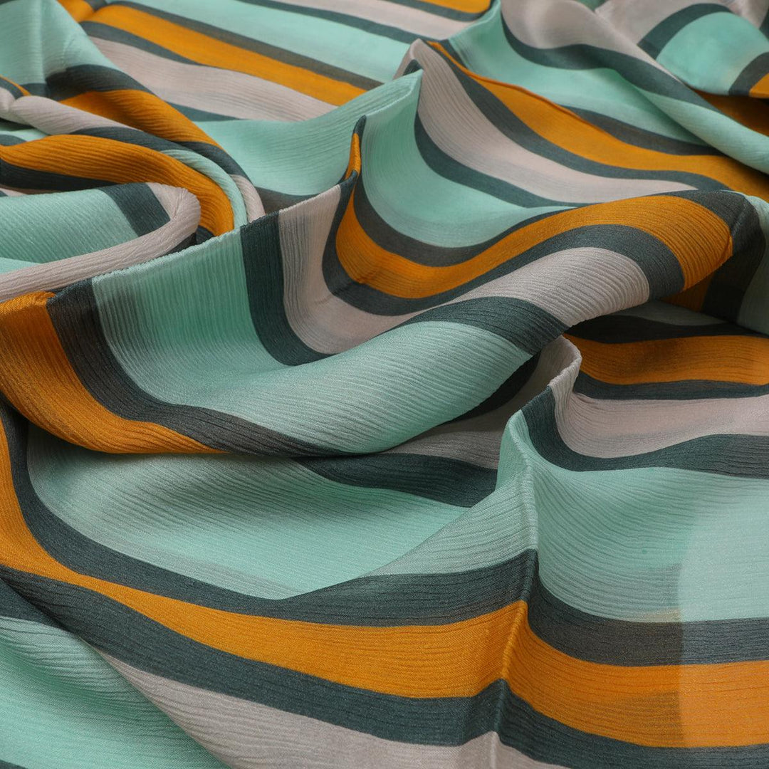 Green And Yellow Stripes Combo Digital Printed Fabric - Pure Chinon - FAB VOGUE Studio®