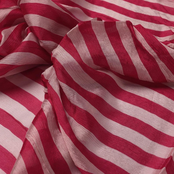Red And Offwhite Stripe Combo Digital Printed Fabric - Pure Chinon - FAB VOGUE Studio®