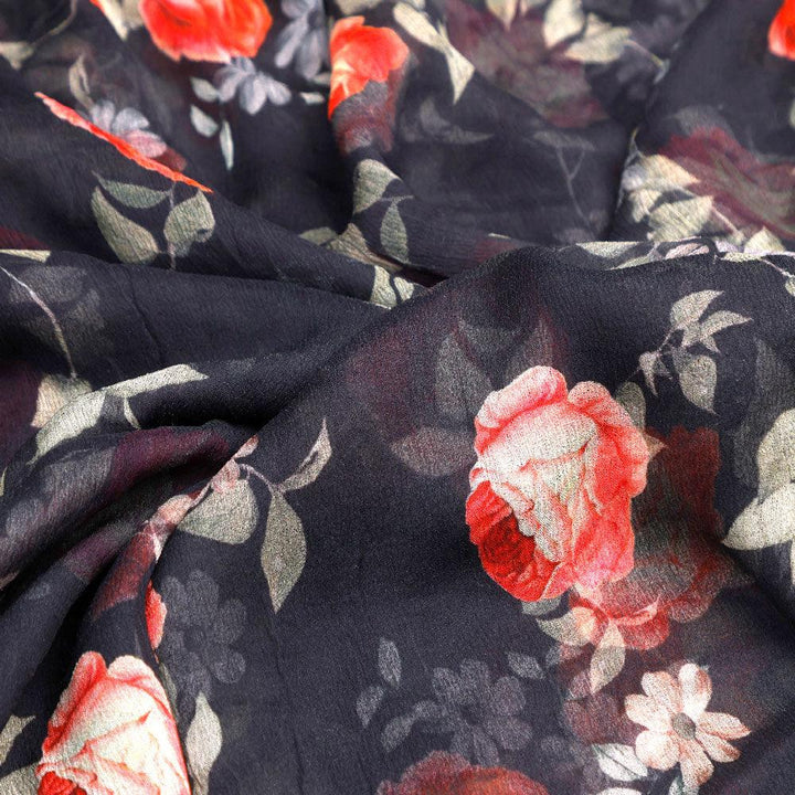 Elegant Floral Over Black Base Digital Printed Fabric - FAB VOGUE Studio®