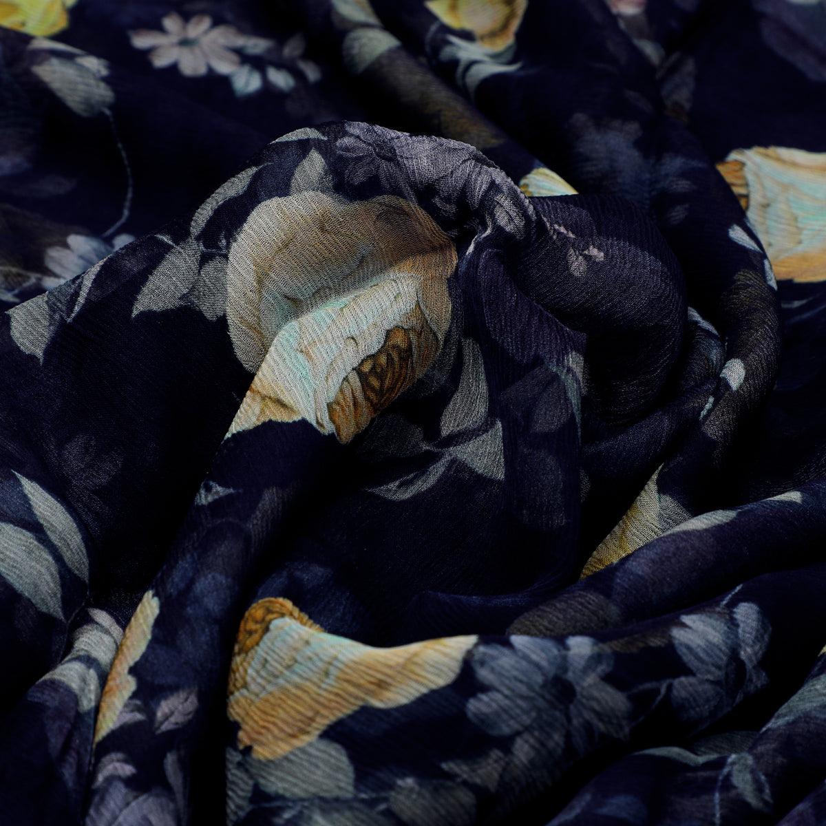 Elegant Floral Over Blue Base Digital Printed Fabric - FAB VOGUE Studio®