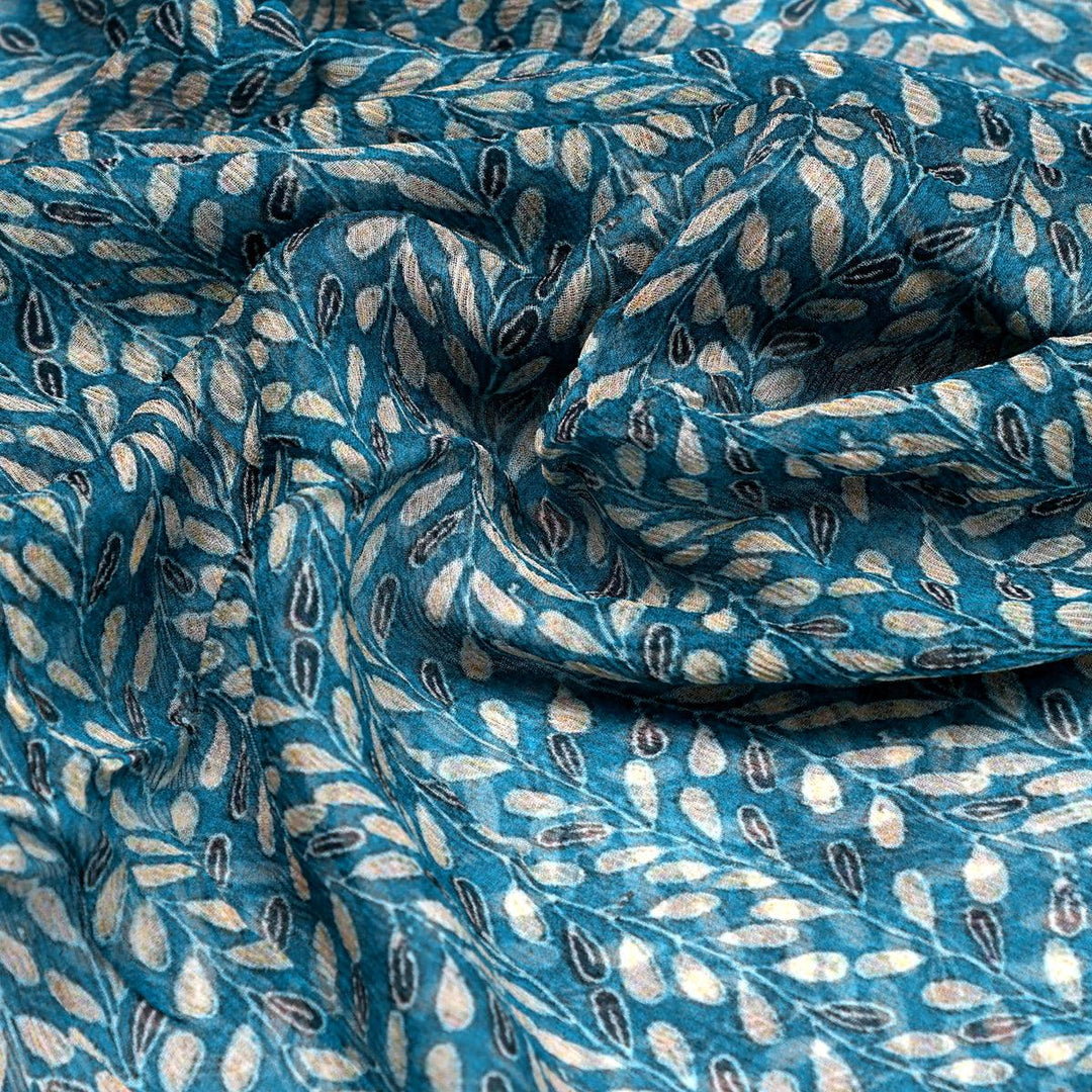 Beautiful Valley Of Leaves With Blue Digital Printed Fabric - Pure Chiffon - FAB VOGUE Studio®