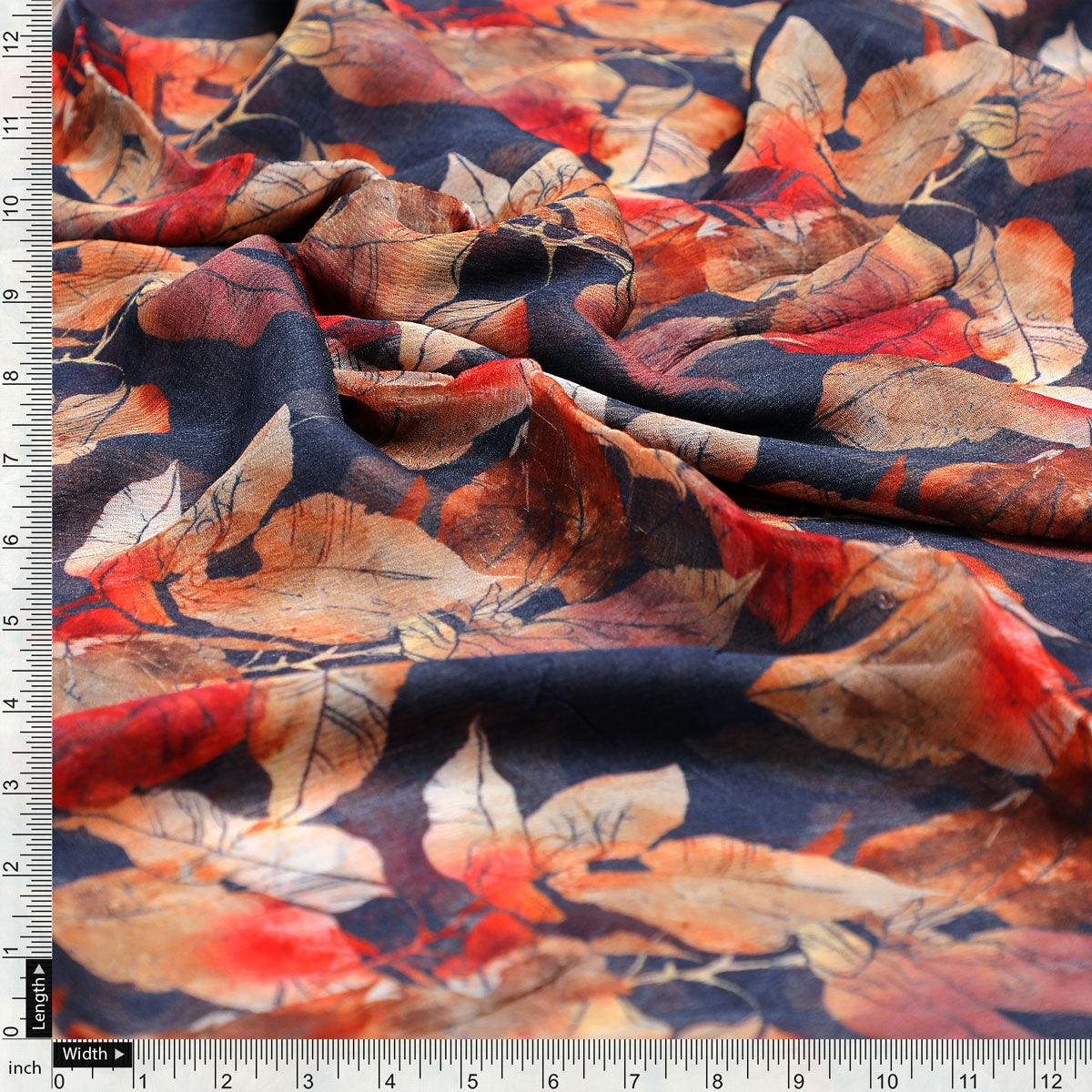 Blue Leaves Printed Pure Chiffon Fabric - FAB VOGUE Studio®