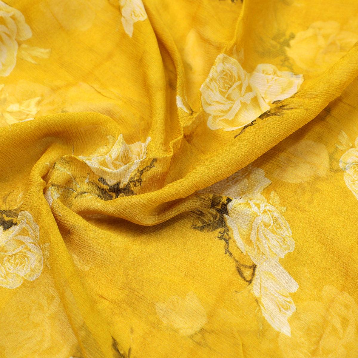 Lemon Yellow Flower Allover Digital Printed Fabric - Pure Chiffon - FAB VOGUE Studio®