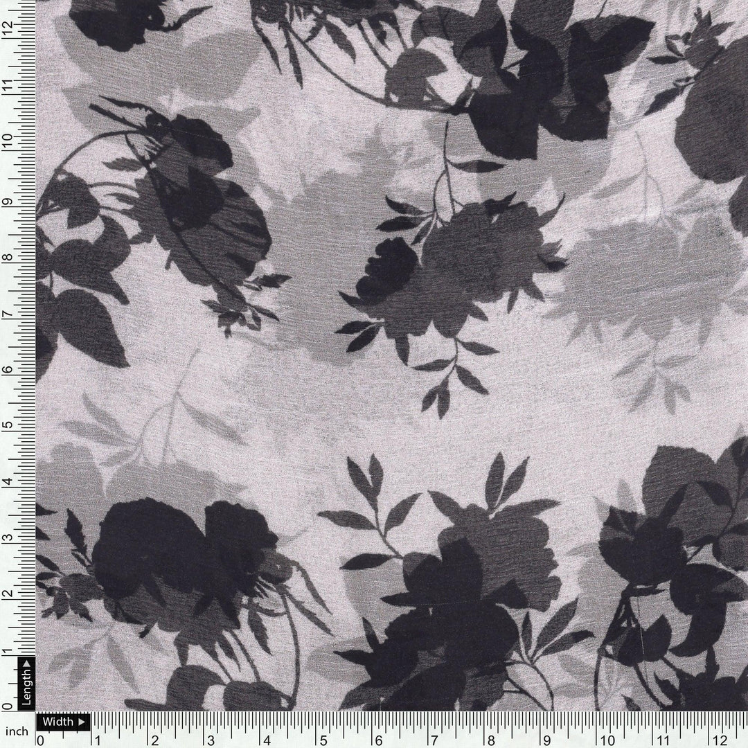 Black Floral Flower Digital Printed Fabric - Pure Chiffon - FAB VOGUE Studio®