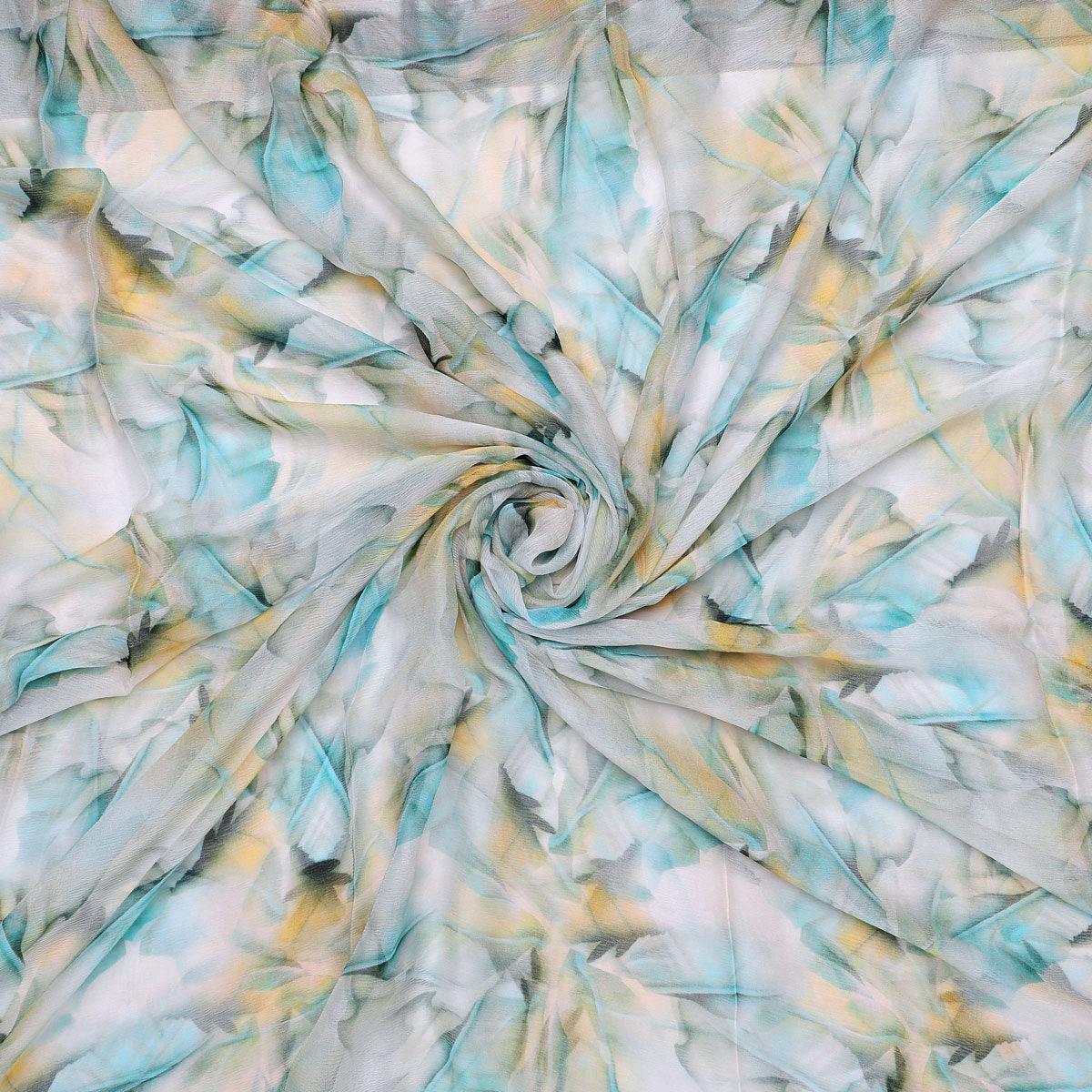 White Leaves Printed Pure Chiffon Fabric - FAB VOGUE Studio®