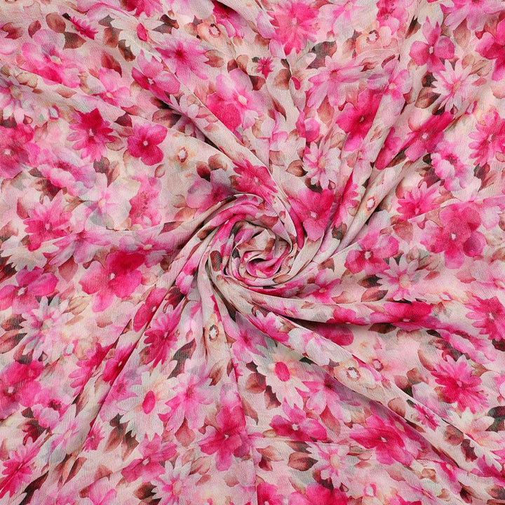Pink Flower Printed Pure Chiffon Fabric - FAB VOGUE Studio®