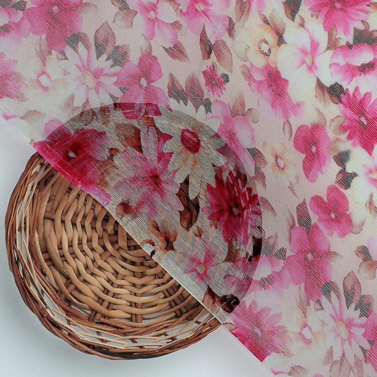 Pink Flower Printed Pure Chiffon Fabric - FAB VOGUE Studio®