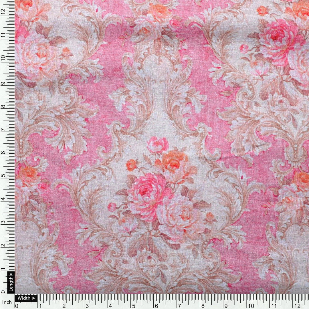 Pure Cotton Digital Printed Fabric in Decorative Floral Design and Pink Color - FAB VOGUE Studio®