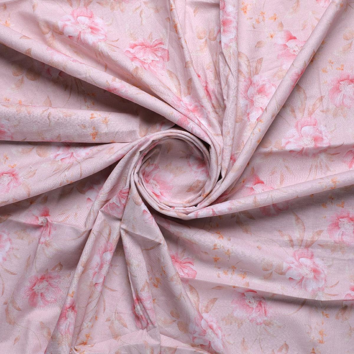 Pure Cotton Digital Printed Fabrics in Light Pink and Floral Leaves Pattern - FAB VOGUE Studio®