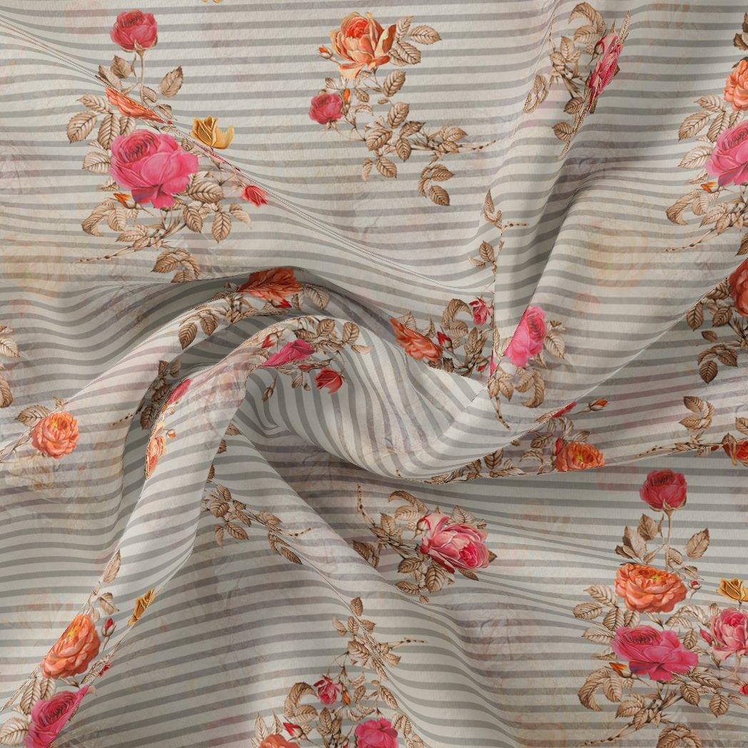 Peony Floral Strips Orange With Red Digital Printed Fabric - Cotton - FAB VOGUE Studio®