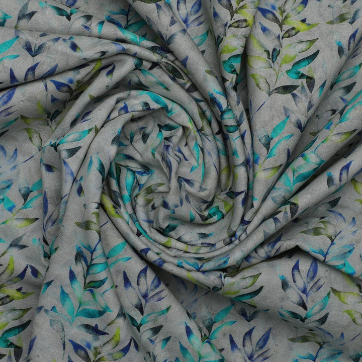 Green And Bluish Leaves Motif Digital Printed Fabric - Pure Cotton - FAB VOGUE Studio®