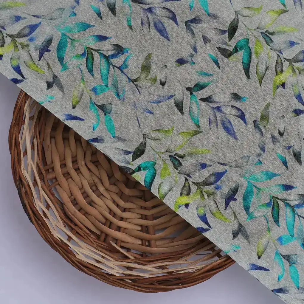Green And Bluish Leaves Motif Digital Printed Fabric - Pure Cotton - FAB VOGUE Studio®