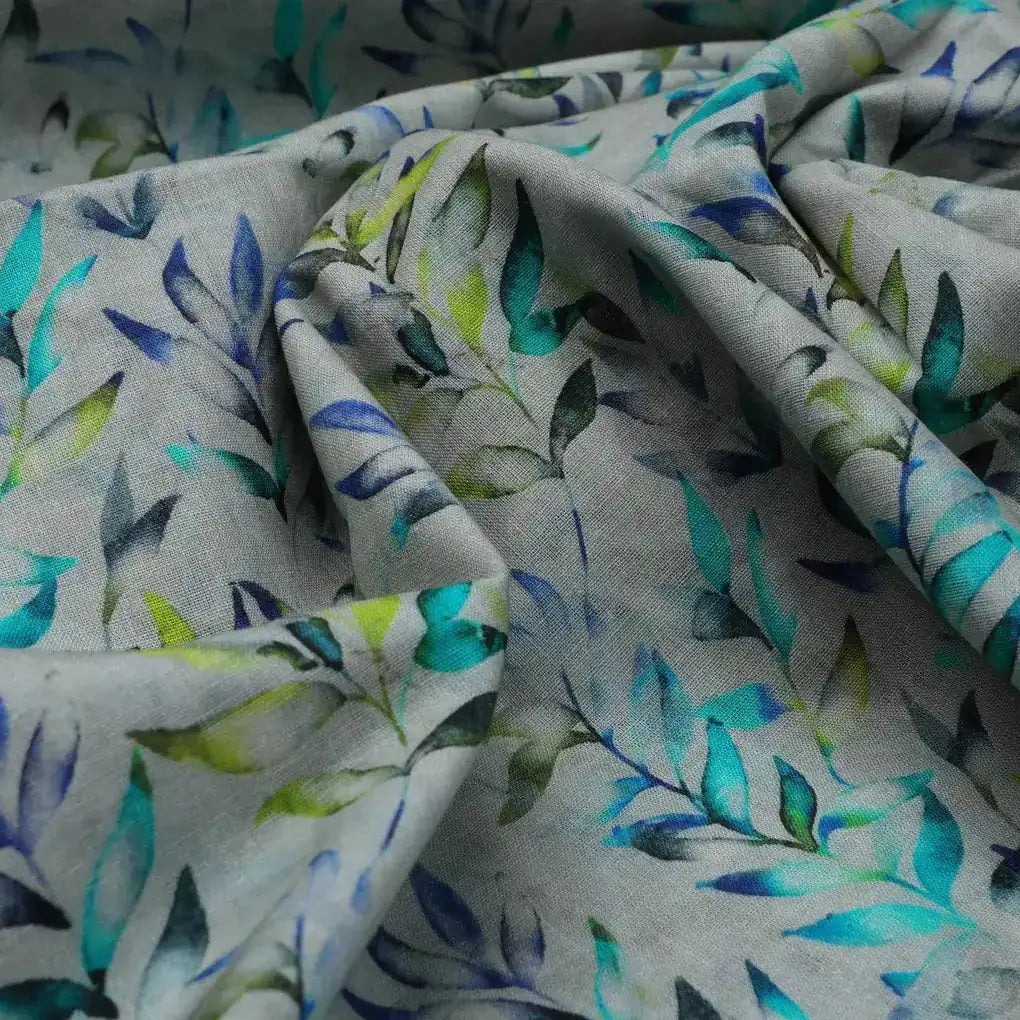 Green And Bluish Leaves Motif Digital Printed Fabric - Pure Cotton - FAB VOGUE Studio®