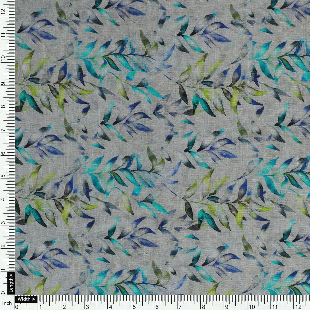 Green And Bluish Leaves Motif Digital Printed Fabric - Pure Cotton - FAB VOGUE Studio®