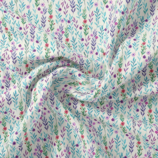 Tiny Multicolour Leaves With Tiny Flower Digital Printed Fabric - Cotton - FAB VOGUE Studio®