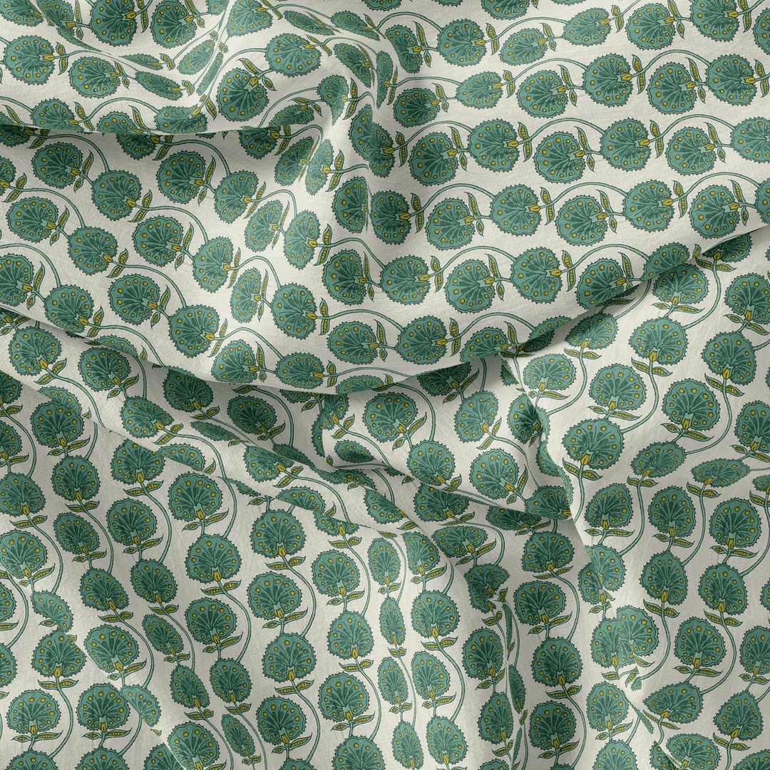 Decorative Palmate Divergent Green Pista Leaves Digital Printed Fabric - Pure Cotton - FAB VOGUE Studio®