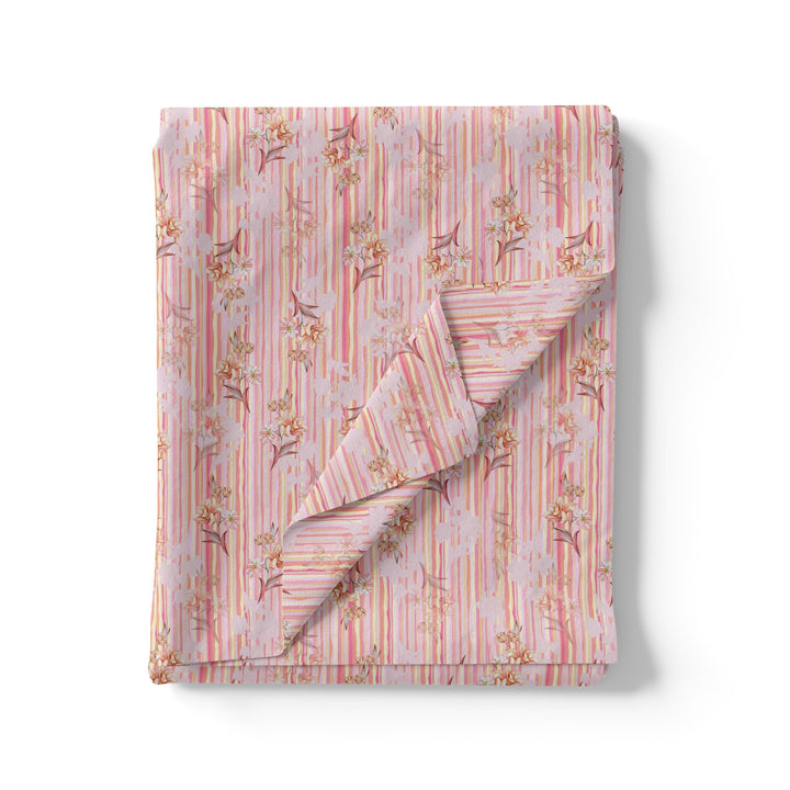 Pink Flower Leaves With Strips Digital Printed Fabric - Pure Cotton - FAB VOGUE Studio®