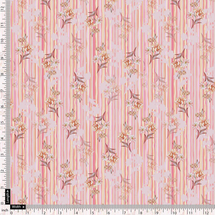 Pink Flower Leaves With Strips Digital Printed Fabric - Pure Cotton - FAB VOGUE Studio®
