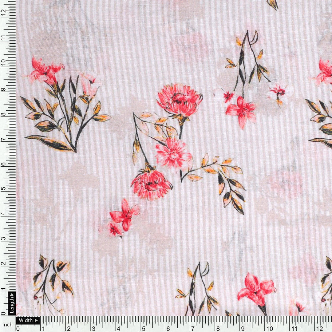 Pink Botanical Flower With Leaves Digital Printed Fabric - Pure Cotton - FAB VOGUE Studio®