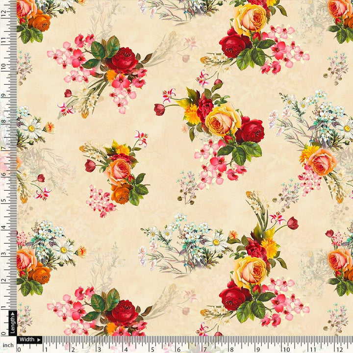 Multicolour Red And Yellow Roses Digital Printed Fabric - Cotton - FAB VOGUE Studio®