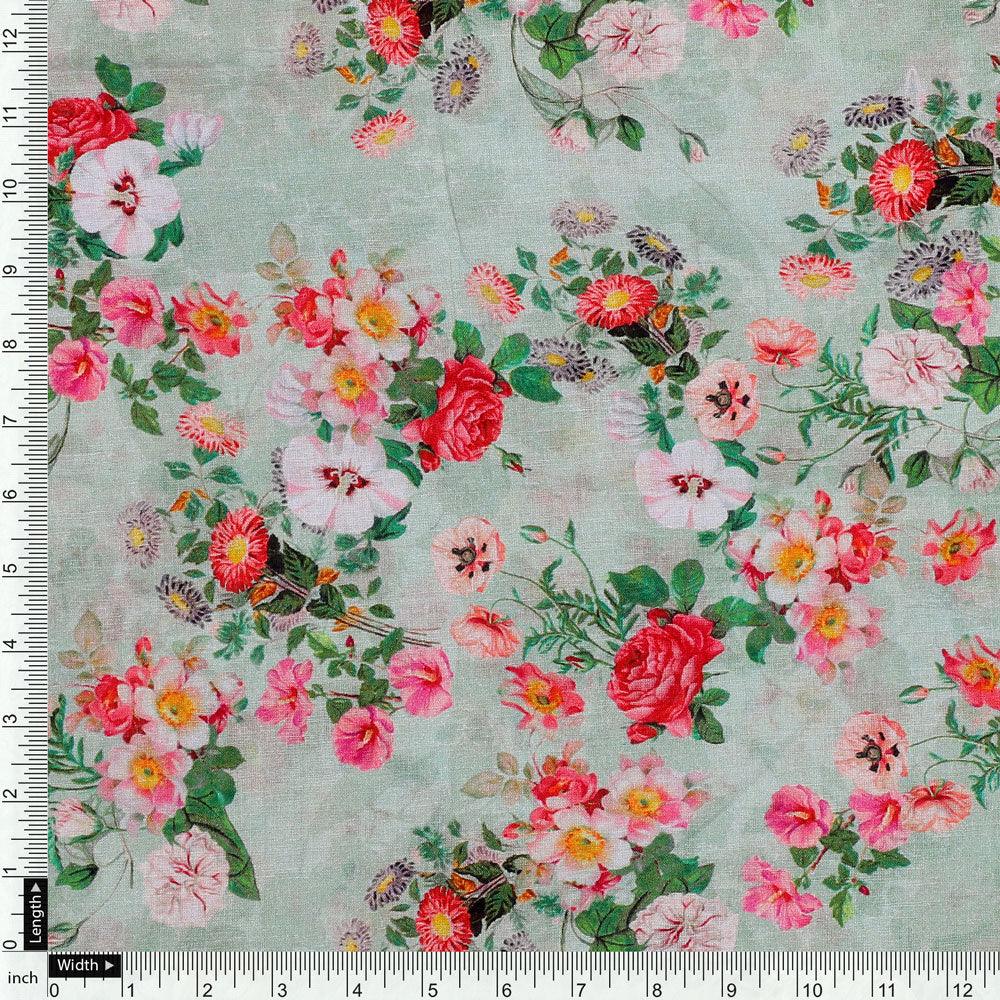 White Daisy With Red Roses Floral Digital Printed Fabric - Pure Cotton - FAB VOGUE Studio®