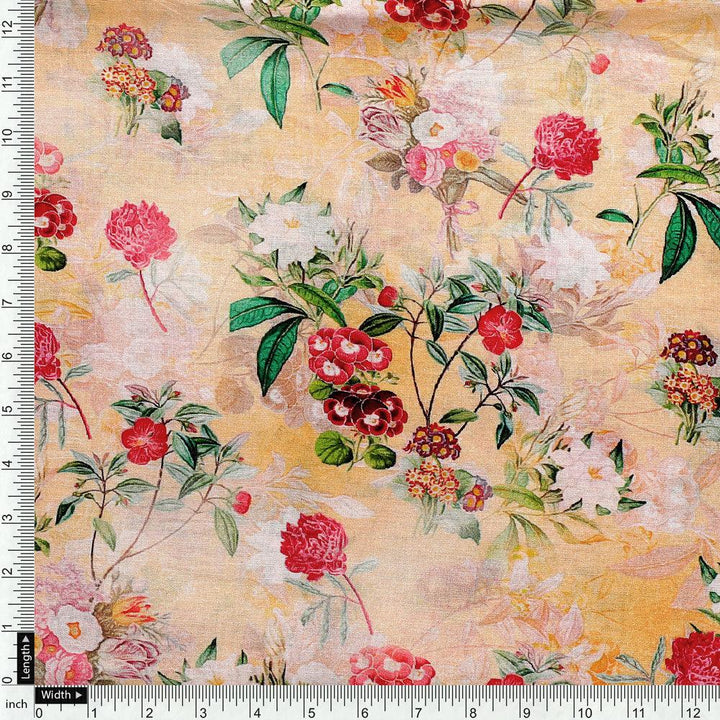 White Lily With Cherry Blossom Floral Flower Digital Printed Fabric - Pure Cotton - FAB VOGUE Studio®
