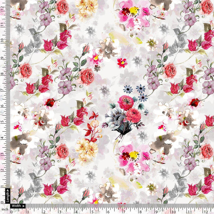 Beautifull Red And Pink Camellia Rose Of Branch Digital Printed Fabric - Cotton - FAB VOGUE Studio®