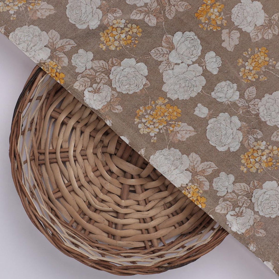 Beautiful Floral Vine Over Brown Base Digital Printed Fabric - FAB VOGUE Studio®