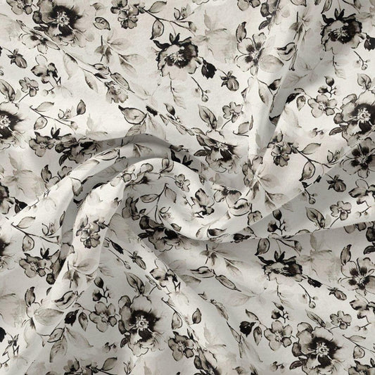 Black And White Orchid Digital Printed Fabric - Cotton - FAB VOGUE Studio®