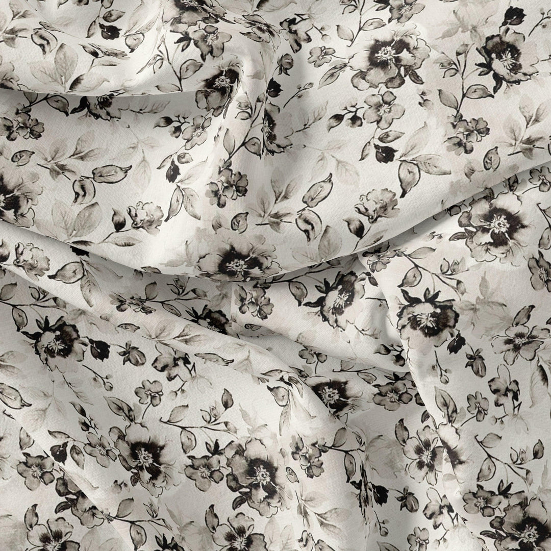 Black And White Orchid Digital Printed Fabric - Cotton - FAB VOGUE Studio®