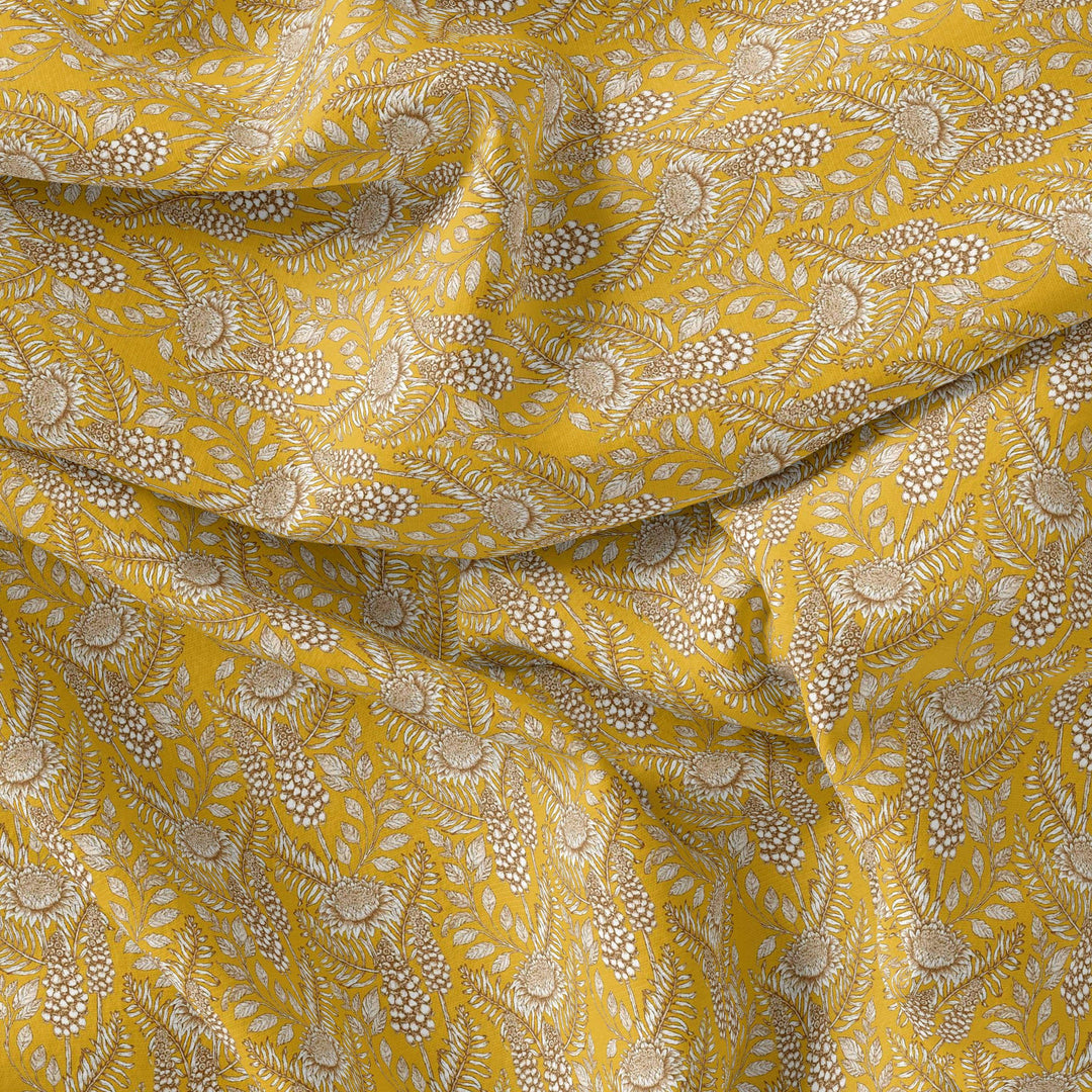 Silver Baroque Flower With Yellow Background Digital Printed Fabric - Pure Cotton - FAB VOGUE Studio®