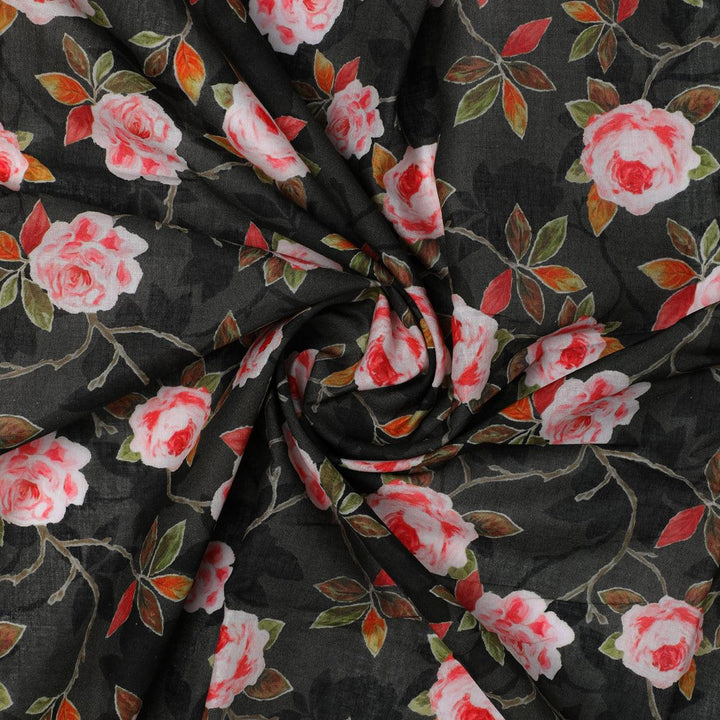 Ditsy Pink Rose With Green Leaves Digital Printed Fabric - Pure Cotton - FAB VOGUE Studio®