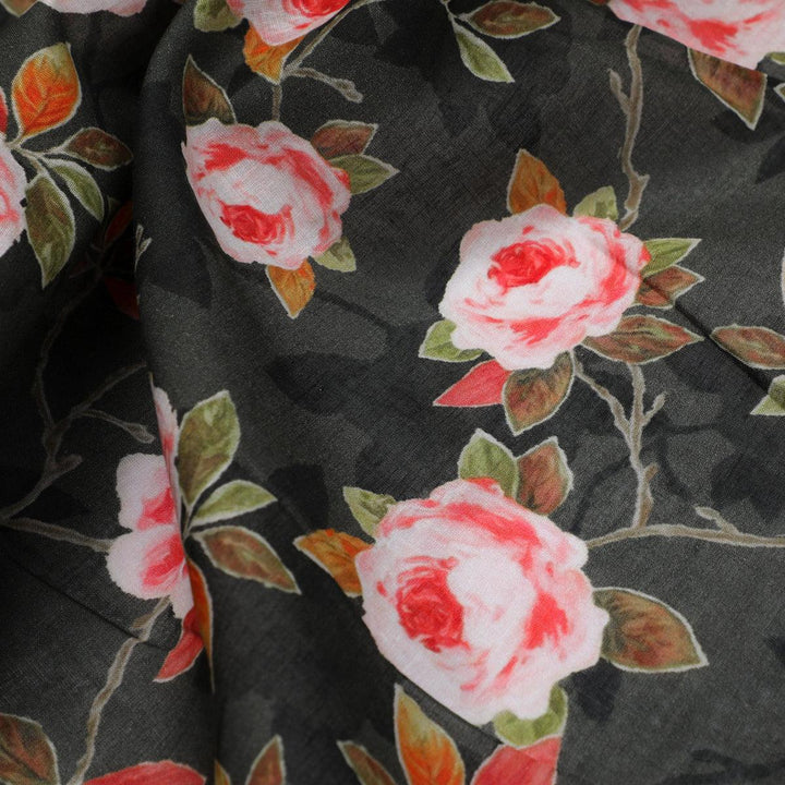 Ditsy Pink Rose With Green Leaves Digital Printed Fabric - Pure Cotton - FAB VOGUE Studio®