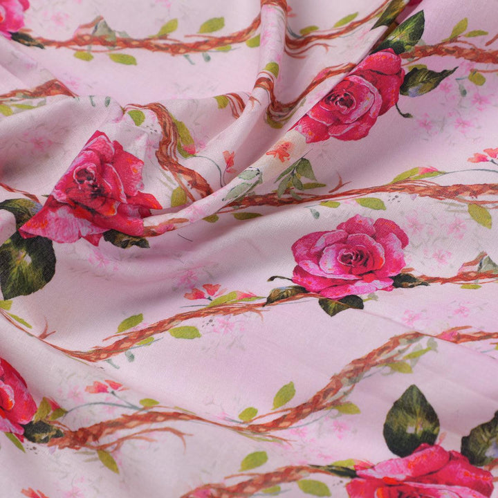 Autumnal Red Roses With Leaves Digital Printed Fabric - Pure Cotton - FAB VOGUE Studio®