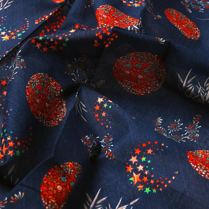 Beautiful Quirky Pattern over Blue Base Digital Printed Fabric - FAB VOGUE Studio®
