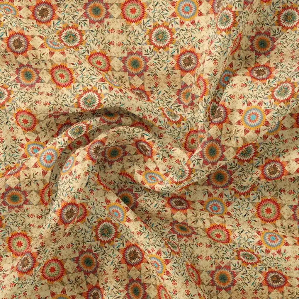 Vintage And Inspire Suzani With Leaves Digital Printed Fabric - Cotton - FAB VOGUE Studio®