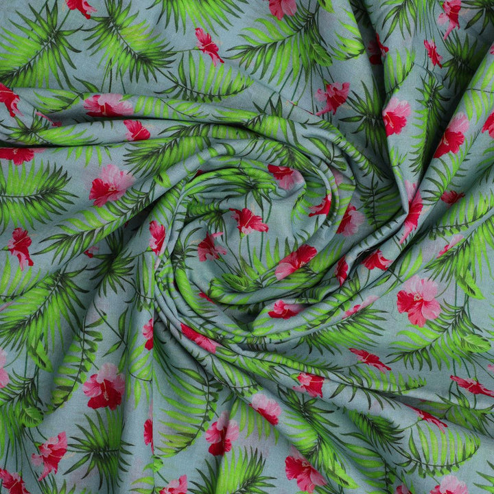 Tropical Leaves Pink Hibiscus Flower Digital Printed Fabric - Cotton - FAB VOGUE Studio®